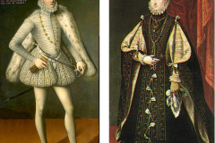 “His costume retains the stiffness of armor. The painting, using a plain back-drop, emphasizes his separate parts and his well-defined, wrinkle-free shapes; even the metal folds of his ruff have a metallic rigidity. Her collar and hat copy the male fashion, and so does her armor-like bodice; but her costume retains the traditional female formula of underdress and overdress, the sleeves of one showing under the sleeves of the other.”–Anne Hollander, Sex and Suits