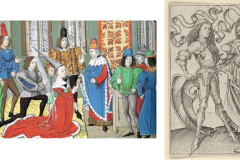 “Vivid new differences between male and female dress characterize the first developments of true fashion, and are emphasized by the artists of the late Middle Ages and early Renaissance. Male fashion is based on the brilliant bodily articulations of plate armor (left), while female fashion exaggerates the enveloping skirt below with a very small tight bodice above. Men now have flowing curly hair and visibly shapely legs, feet and genitals; women cover the hair and have no visible shape below the waist, but they expose the neck and chest.” –Anne Hollander, <em>Sex and Suits</em> (Images via Wikimedia)