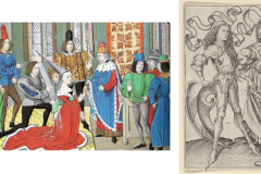 “Vivid new differences between male and female dress characterize the first developments of true fashion, and are emphasized by the artists of the late Middle Ages and early Renaissance. Male fashion is based on the brilliant bodily articulations of plate armor (left), while female fashion exaggerates the enveloping skirt below with a very small tight bodice above. Men now have flowing curly hair and visibly shapely legs, feet and genitals; women cover the hair and have no visible shape below the waist, but they expose the neck and chest.” –Anne Hollander, Sex and Suits (Images via Wikimedia)